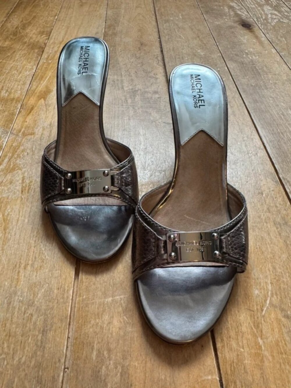 Michael Michael Kors Silver Kitten Heel Slides 9.5